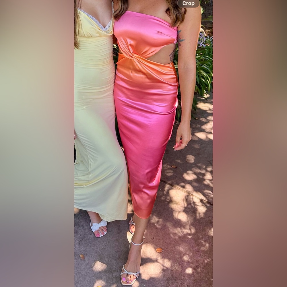 Strapless Pink-Orange Satin Twist Midi Dress